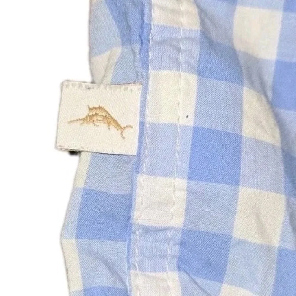 Tommy Bahama Boys SZ‎ 7-8 Blue White Gingham Cotton Button Up Shirt Short Sleeve